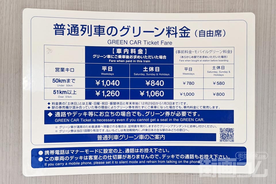 湘南新宿ライン普通列車グリーン料金(自由席)